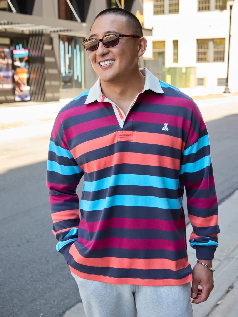 chubbies Men’s Long-Sleeve Legacy Rugby Polo in Cerulean Blaze